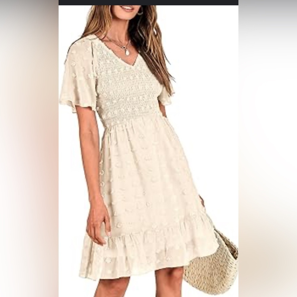 Women's V Neck Smocked Short Sleeve Casual Dress Swiss Babydoll Dress L